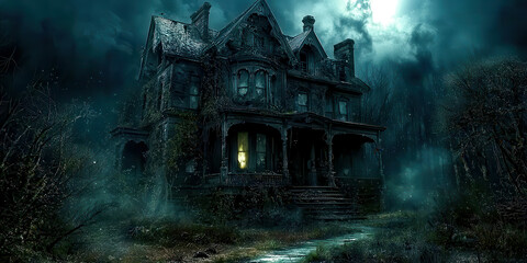 Poster - A creepy house with a porch and a staircase