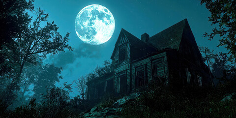 Poster - A large moon is shining on a house in the woods