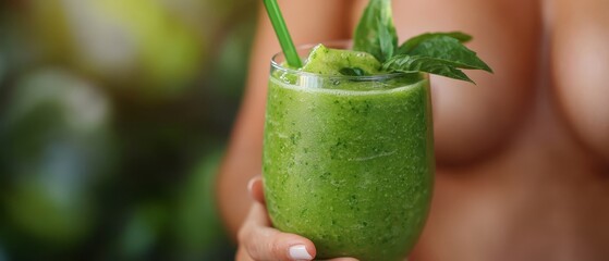 Wall Mural -  A tight shot of a hand holding a glass with a green garnish atop it