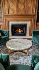 A cozy living room with a fireplace, two emerald green velvet armchairs and a marble coffee table.