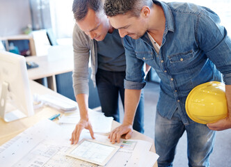 Poster - Tablet, architecture and construction engineers with blueprint in office for city development with building. Planning, drawing and industry team with technology for maintenance, design or repair