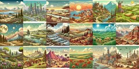 Cartoon landscapes. AI generated illustration