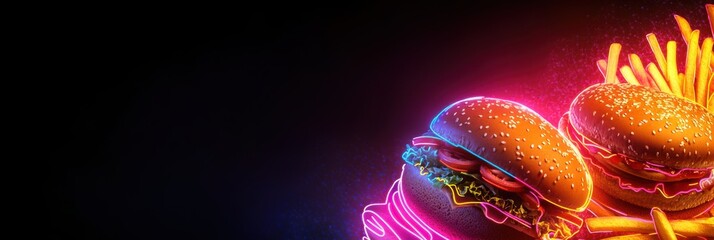 Poster - Bright neon outlines highlight popular fast-food items like burgers, fries, and hot dogs on a dark background, creating a vibrant effect. Generative AI