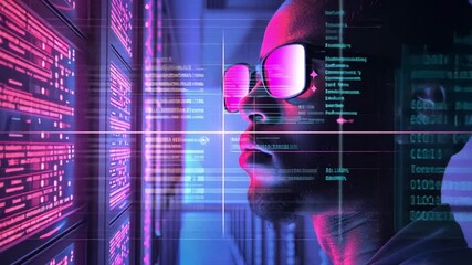 Aufkleber - A focused individual wearing sunglasses closely examines lines of digital information displayed on a luminous screen, surrounded by a high-tech atmosphere.
