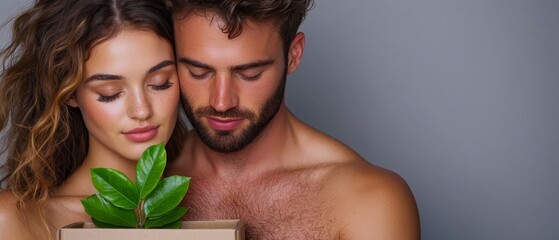 Wall Mural -  A man and a woman examine a box containing a plant, with a cardboard box before them