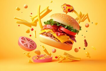 Poster - Bright yellow backdrop showcases playful, abstract representations of burgers, pizza, and fries in an engaging, creative arrangement. Generative AI