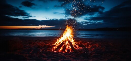 Aufkleber - A bonfire on a sandy beach with a calm, still lake in the background and a dark, cloudy sky above.
