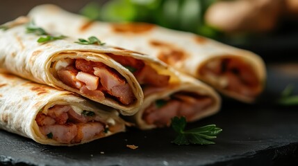 Succulent wraps packed with crispy bacon and fresh herbs, delivering an aromatic delight that appeals to the senses and offers a scrumptious meal experience.