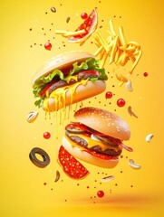 Poster - Stylized representations of burgers, pizza, and fries float above a vibrant yellow background, capturing the essence of fast food culture. Generative AI