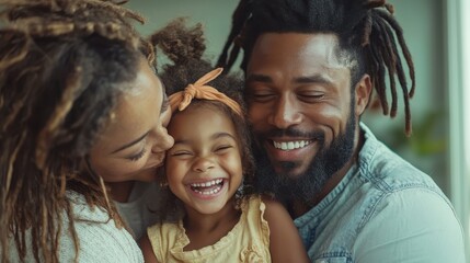 A mother and father joyfully embrace their smiling daughter, capturing a heartwarming family moment full of love and happiness in this beautiful image.