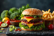 © PTD - Delicious burger with cheese, lettuce, and tomatoes, served with fries