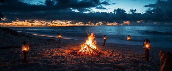 Aufkleber - A bonfire on the beach at dusk with lanterns creating a romantic ambiance.