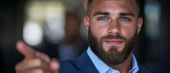 Wall Mural -  A man in a blue suit and blue shirt, with a beard, points directly at the camera in this close-up image