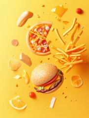 Poster - Playful abstract representations of burgers, pizza, and fries are set against a bright yellow background, creating an eye-catching display. Generative AI