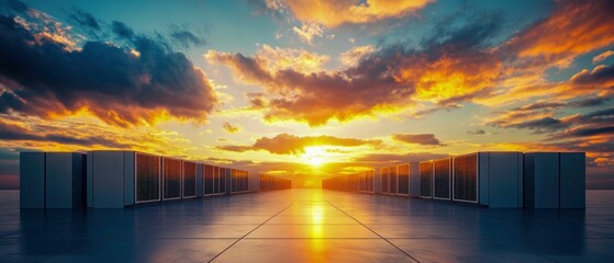 Poster - Solar-Powered Data Center at Sunset with Scenic Sky