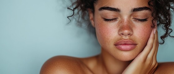 Wall Mural -  A tight shot of a woman with freckled hair placing a hand on her face, touching her cheek