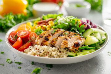 A plate of food with a variety of vegetables and chicken