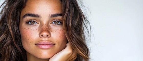 Wall Mural -  A close-up of a woman with freckles scattered across her face, gazing into the camera