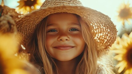 A young girl beams with joy, wearing a straw hat, surrounded by vibrant sunflowers, capturing an essence of blissful summer warmth and carefree childhood happiness.