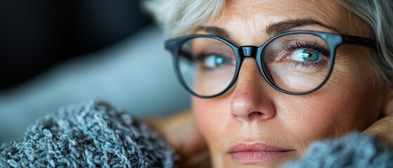 Wall Mural -  A close-up of a woman wearing eyeglasses; one sweater draped over her shoulder, the other tucked behind her ear