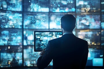 Aufkleber - business leader engaging in virtual global team meeting on multiple screens