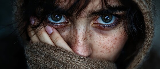 Wall Mural -  A woman with freckled hair hides her face in a scarf, her blue eyes peeking out