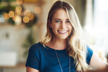 Coffee shop, happy and portrait of woman with smile for drink, caffeine beverage and cappuccino. Customer, relax and face of person in restaurant, diner and cafeteria for breakfast service in morning