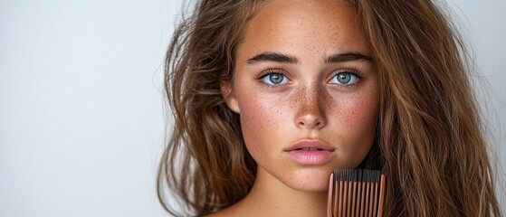 Wall Mural -  A woman with freckled hair holds a comb in front of her reflection, her freckles visible on her hair and face