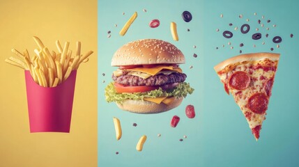 Poster - Stylized representations of burgers, fries, and pizza are arranged attractively on a vivid background, showcasing their appetizing appeal. Generative AI