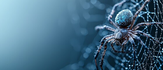  A detailed shot of a spider on its intricate web against a blue backdrop, adorned with water droplets