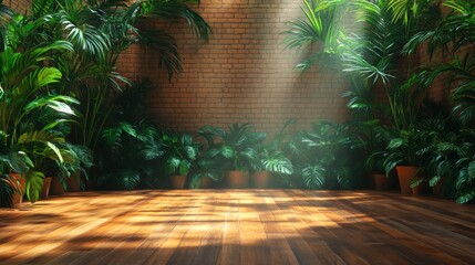 Background for dance studio video tv show, wooden floot, natural light, plants