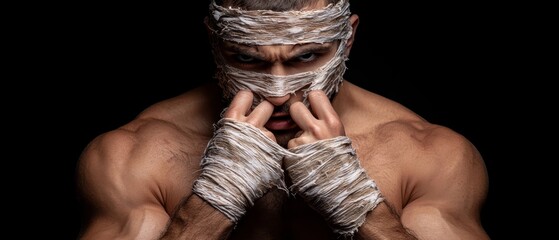 Wall Mural -  A shirtless man with hands over his face, wrapping duct tape around it to cover