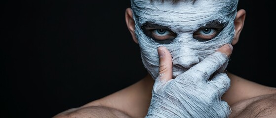 Wall Mural -  A man with white paint on his face, shielding it with his hands