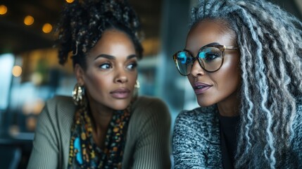 Two women share a thoughtful conversation in a chic cafe setting, embodying friendship, connection, and the exchange of ideas in a modern environment.