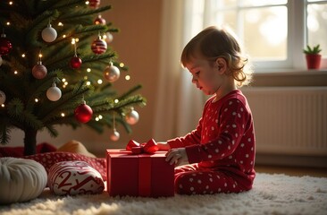  A small child in red pajamas opens a box with a gift while sitting next to a Christmas tree, bright room