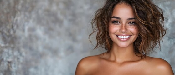 Wall Mural -  A woman's face, smiling intensely, against a gray backdrop Hair waving freely in the wind