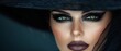© Wall - A tight shot of a woman's face Her blue eyes gaze intently She wears a black hat atop her head
