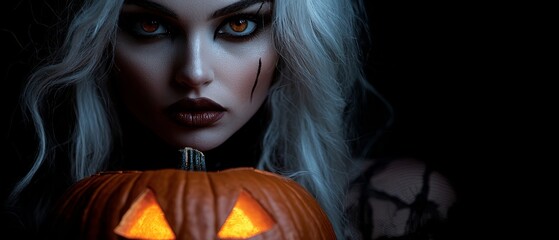 Wall Mural -  A woman, her white hair framing her face, holds a jack-o-lantern pumpkin near, its orange glow illuminating her features