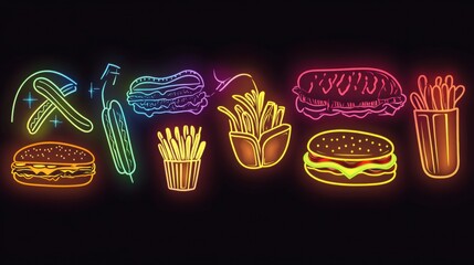 Poster - Bright neon outlines capture popular fast-food items including burgers, fries, and hot dogs, creating a vibrant display in the dark. Generative AI