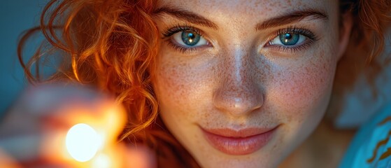 Wall Mural -  A woman with freckled hair and blue eyes gazes intently at a cell phone in her hand