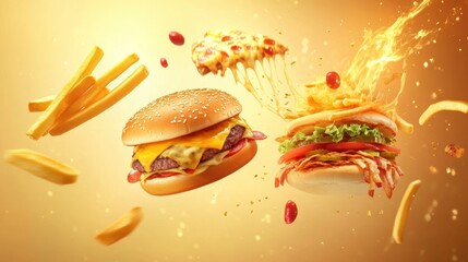 Poster - Brightly colored abstractions of burgers, pizza, and fries are playfully arranged against a vivid background, highlighting their delicious appeal. Generative AI