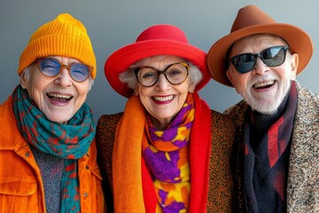 Four happy senior citizens having fun in colourful clothing, Generative AI