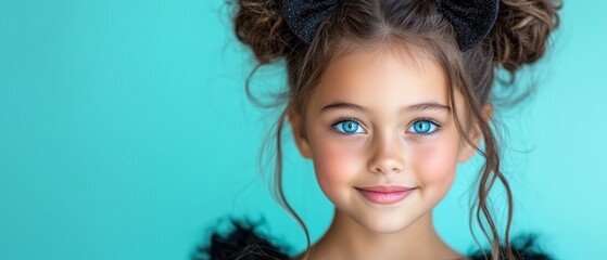 Wall Mural -  A tight shot of a child's blue-eyed face, adorned with a black bow in her hair, set against a blue backdrop