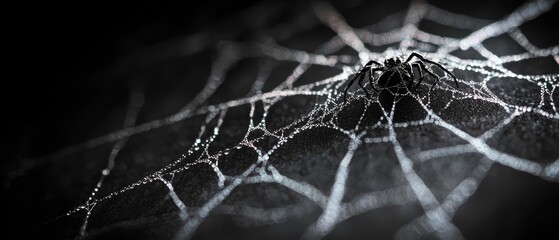  Close-up of a spider's web against a black backdrop, adorned with dewdrops