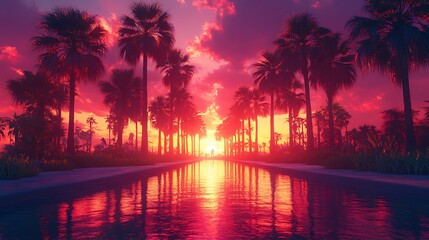 Wall Mural - palm trees silhouette against a vibrant pink sunset reflecting in a pool of water.