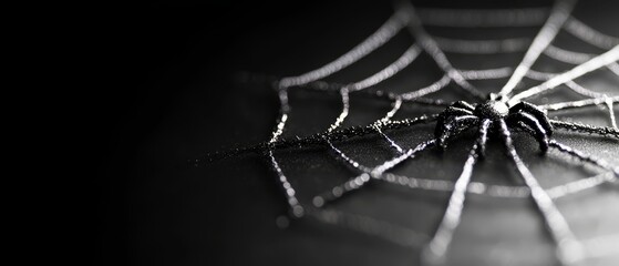  A tight shot of a spider web against a black-and-white backdrop, subtly blurring the spider's intricate design within it