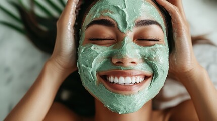 A blissful woman, covered in a nourishing green clay mask, embraces self-care moments with a smile of contentment and pure relaxation.