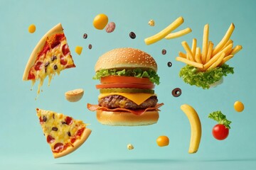 Poster - Bright stylized abstractions of burgers, pizza, and fries float against a vibrant blue background, showcasing a fun fast food aesthetic. Generative AI