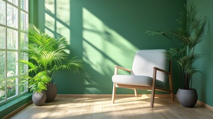 View of green modern scandinavian style interior with chair, vases