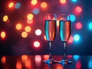 Two elegant champagne flutes filled with sparkling beverage, set against a colorful bokeh background during a celebratory event